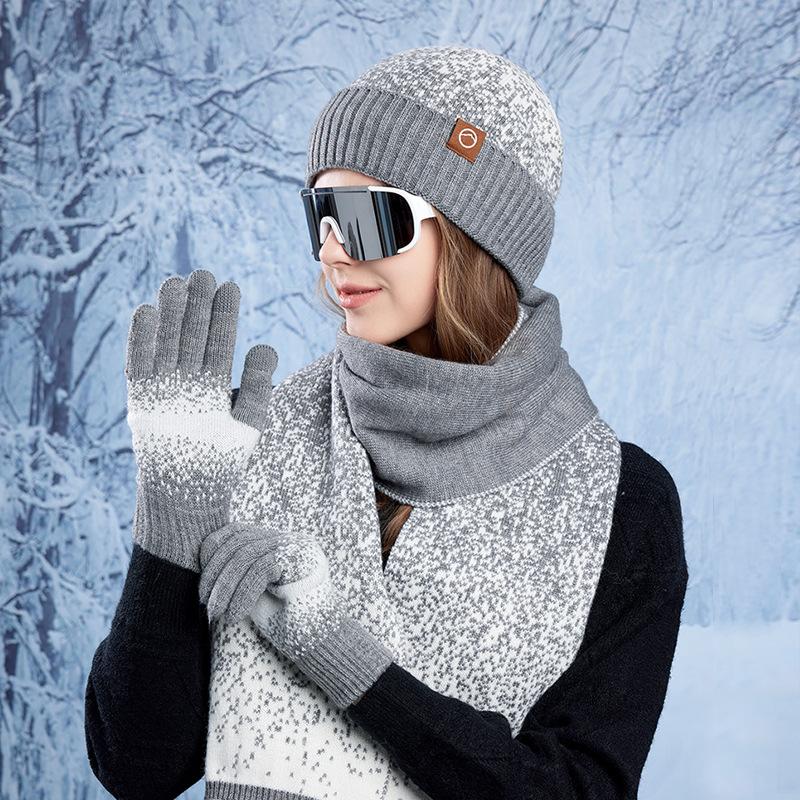 Winter Hat, Gloves, Scarf, Three-piece Set, Outdoor Cold-proof and Warm Pullover Hat, Fleece Ear Protector, Knitted Wool Hat for Women