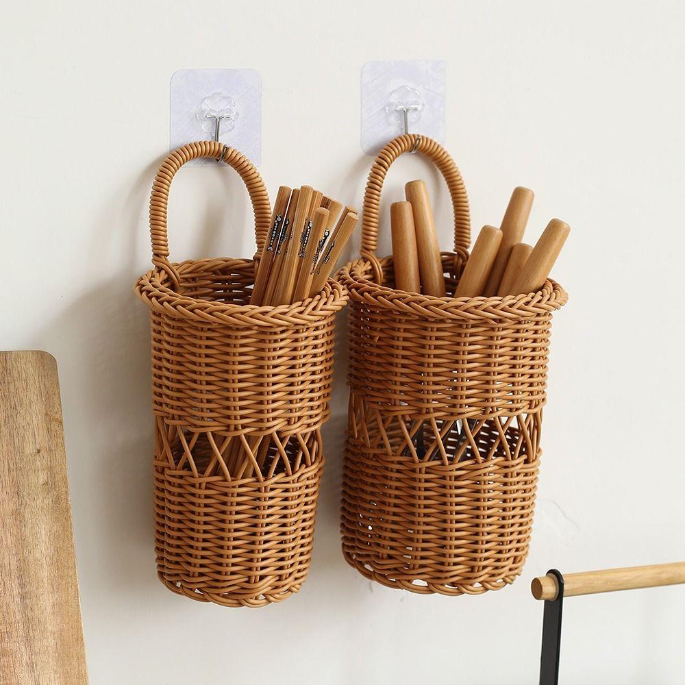 Brown Wall Mounted Storage Basket Hand-weave Flower Basket Durable Hanging Basket Home Decoration