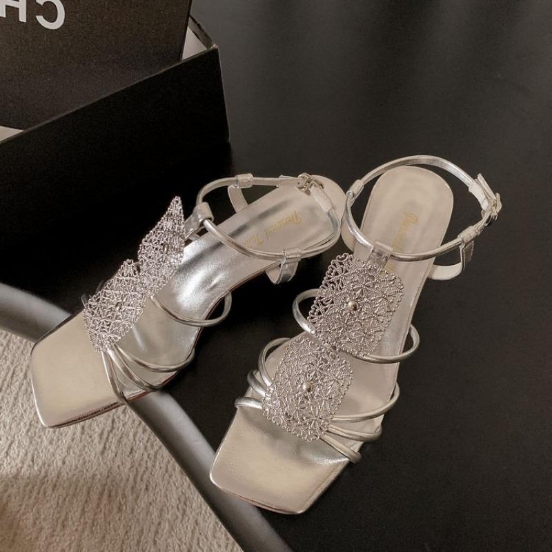 French Retro Fine Heeled High Heeled Sandalias 2024 Square Toe Open Toe Leather Buckle Strap Sexy Gold Heels Zapatos Mujer 2024