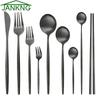Черная матовая посуда, набор столовой посуды из нержавеющей стали, нож, вилка, ложка, палочки для еды, кухонные столовые приборы, столовое серебро, роскошные столовые приборы