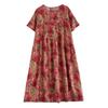 Summer New Vintage Cotton-Linen Printed Round-neck Short-Sleeve Dress for Women Loose Fit Large Size Slimming Design with Patchwork Pattern