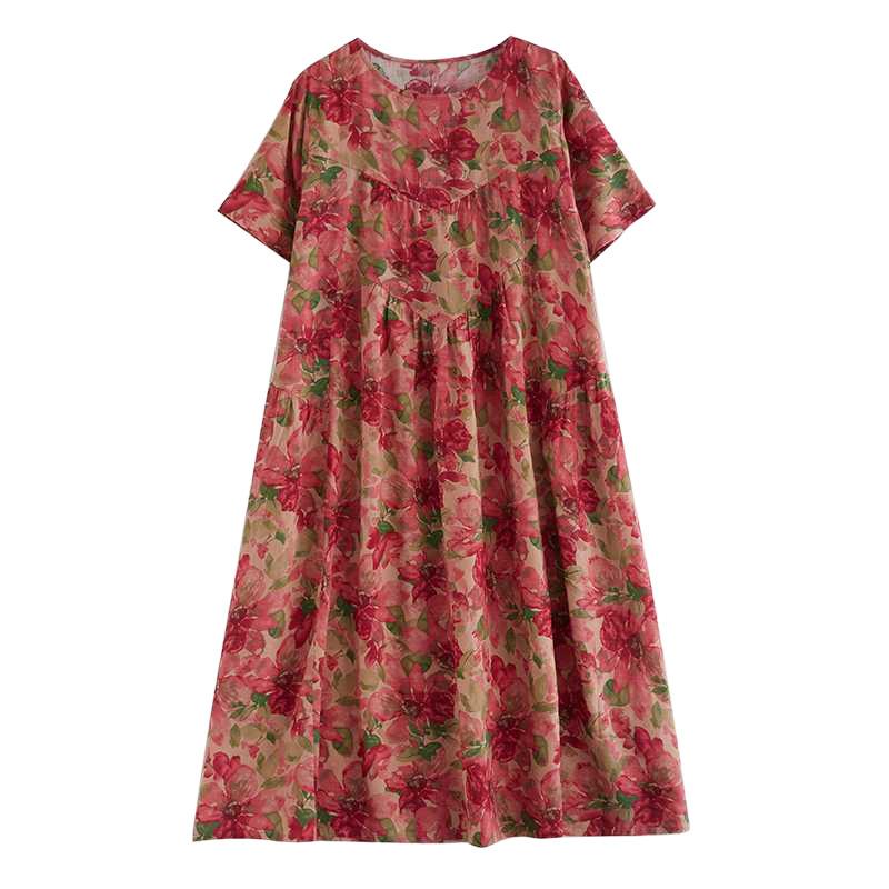Summer New Vintage Cotton-Linen Printed Round-neck Short-Sleeve Dress for Women Loose Fit Large Size Slimming Design with Patchwork Pattern