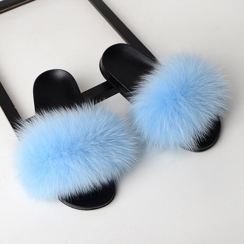 Furry Slippers for Women The Same Style In Summer Real Fox Fur Slippers Plus Size Female Sandals