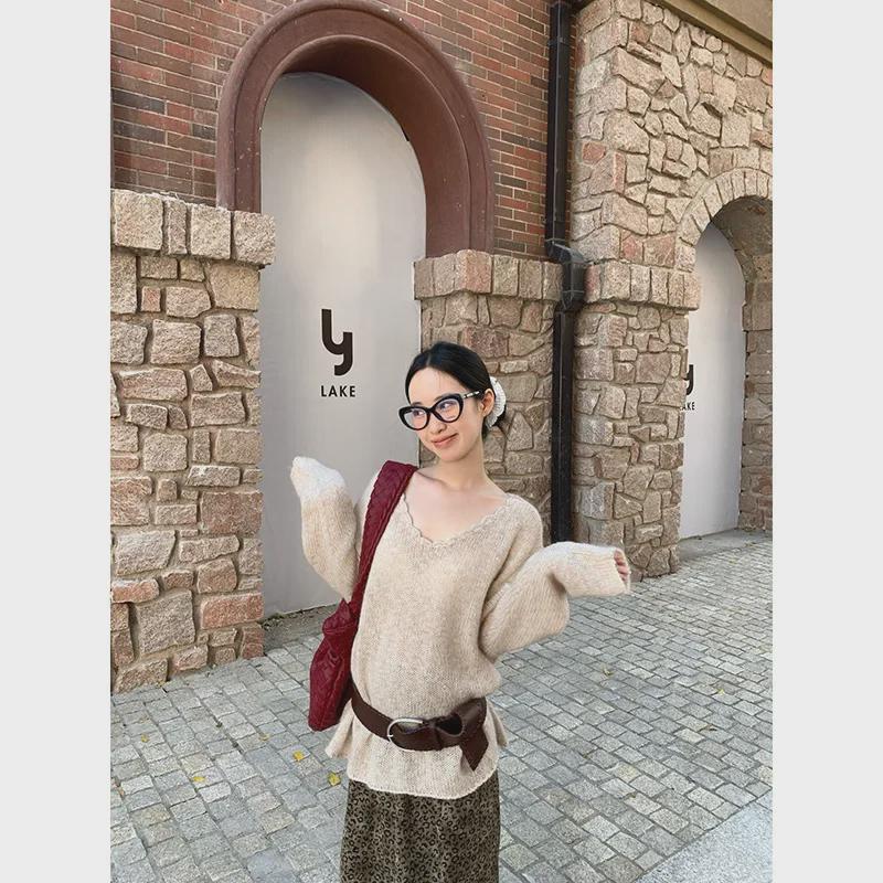 NEWOPEN 2024 Зимний женский свободный свитер-пуловер с V-образным вырезом в корейском стиле для поездок на работу, F2335