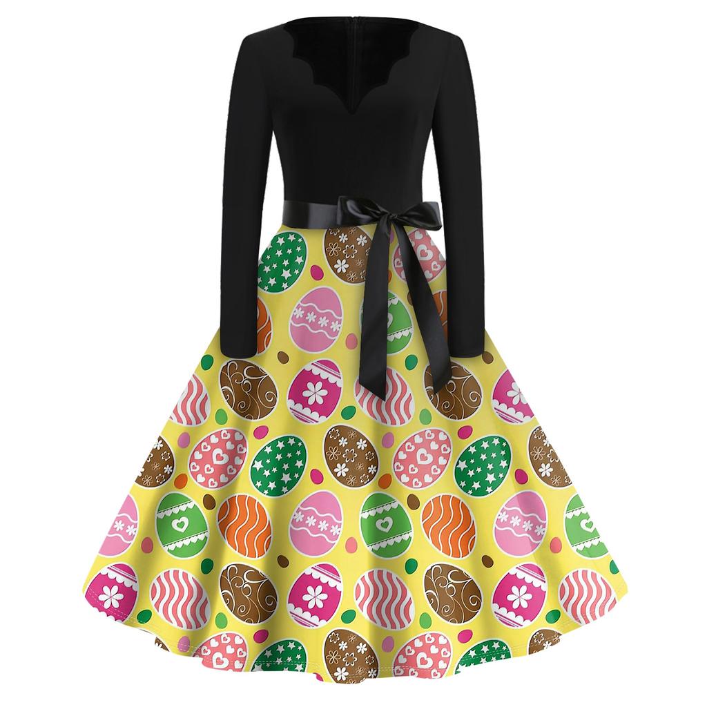 Женская мода с v-образным вырезом, повседневные тонкие пасхальные платья с длинным рукавом и принтом