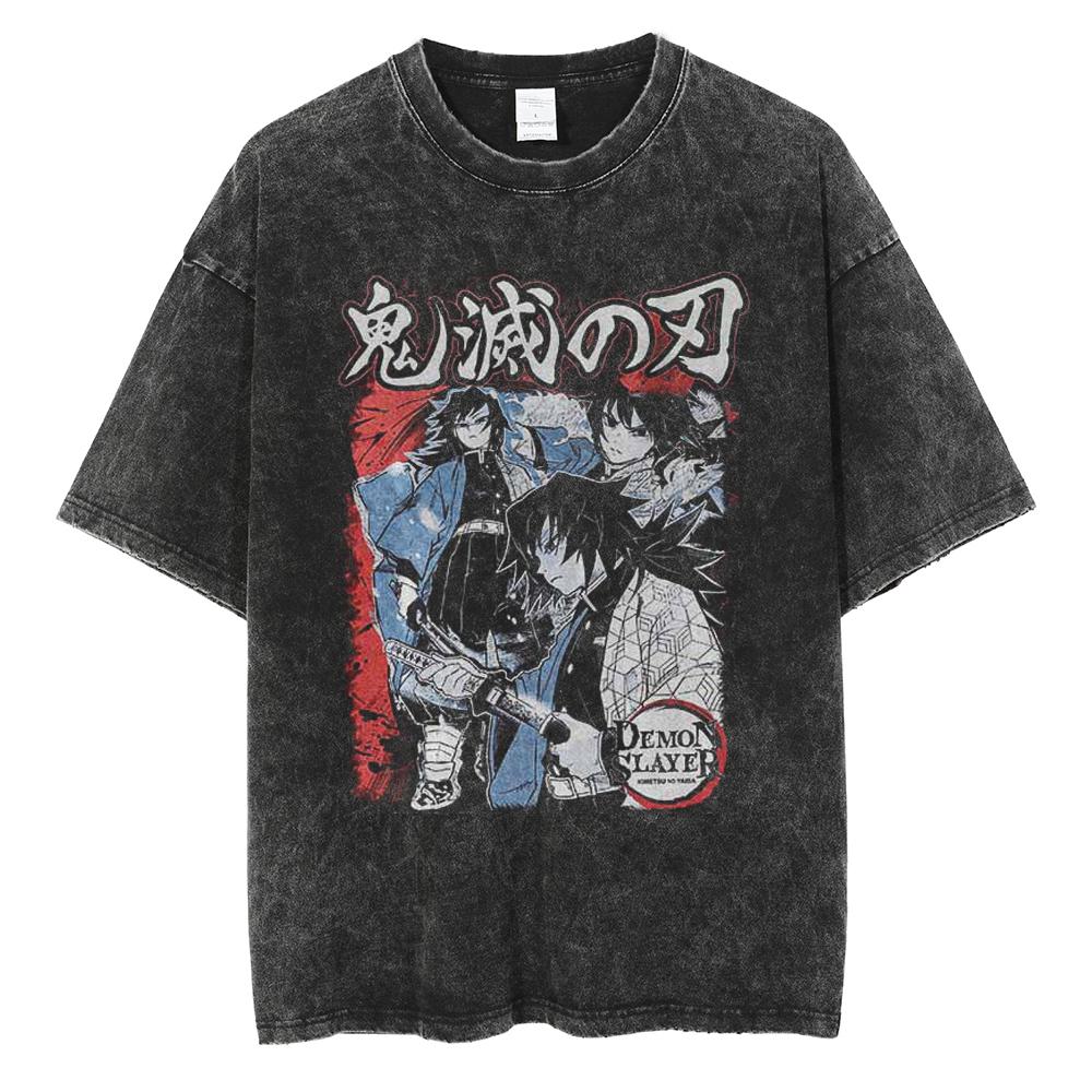 Hot Anime Demon Slayer Kokushibo Graphic Print Washed T Shirt Men Vintage Cotton Tshirts Manga Casual Tee Harajuku Male T-shirt