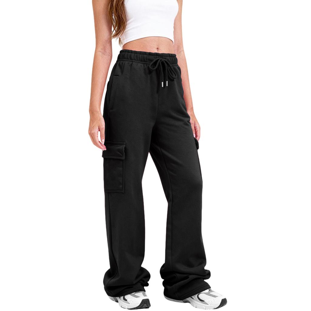 Women Cargo Sweatpants Stacked Pants Warm Fleece Drawstring Waist Casual Joggers Trousers