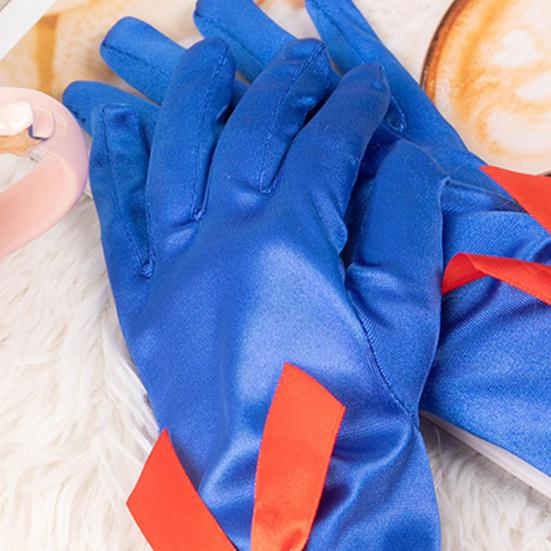 Princess Cosplay Gloves Royal Blue Satin Gloves with Ruffles And Red Bow Girls Cosplay Gloves for Costume Parties Stage Performances