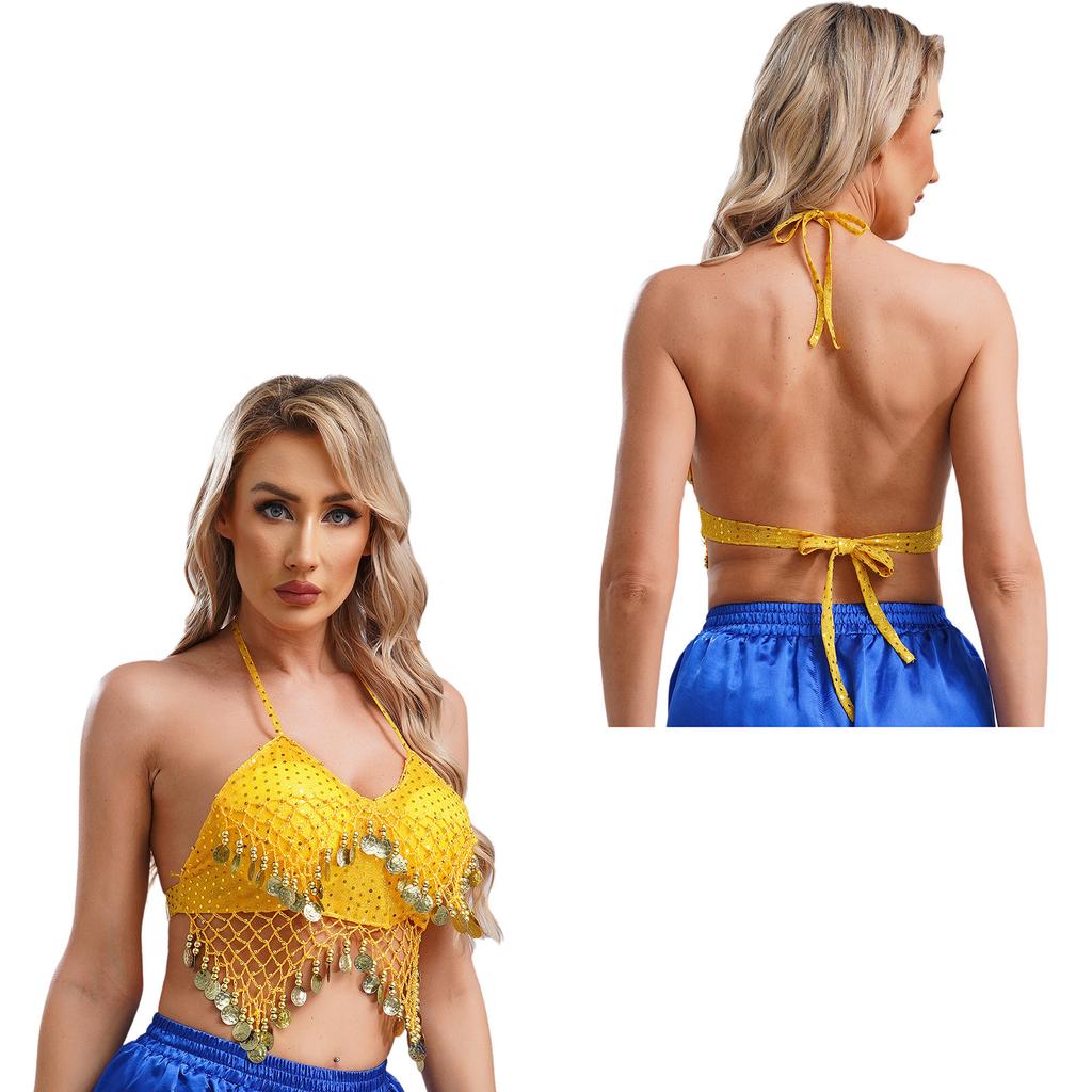 Womens Belly Dance Halter Bra Top Sequin Mesh Plastic Beads Crisp Tassel Lace-up Dance Crop Top Performance Costume