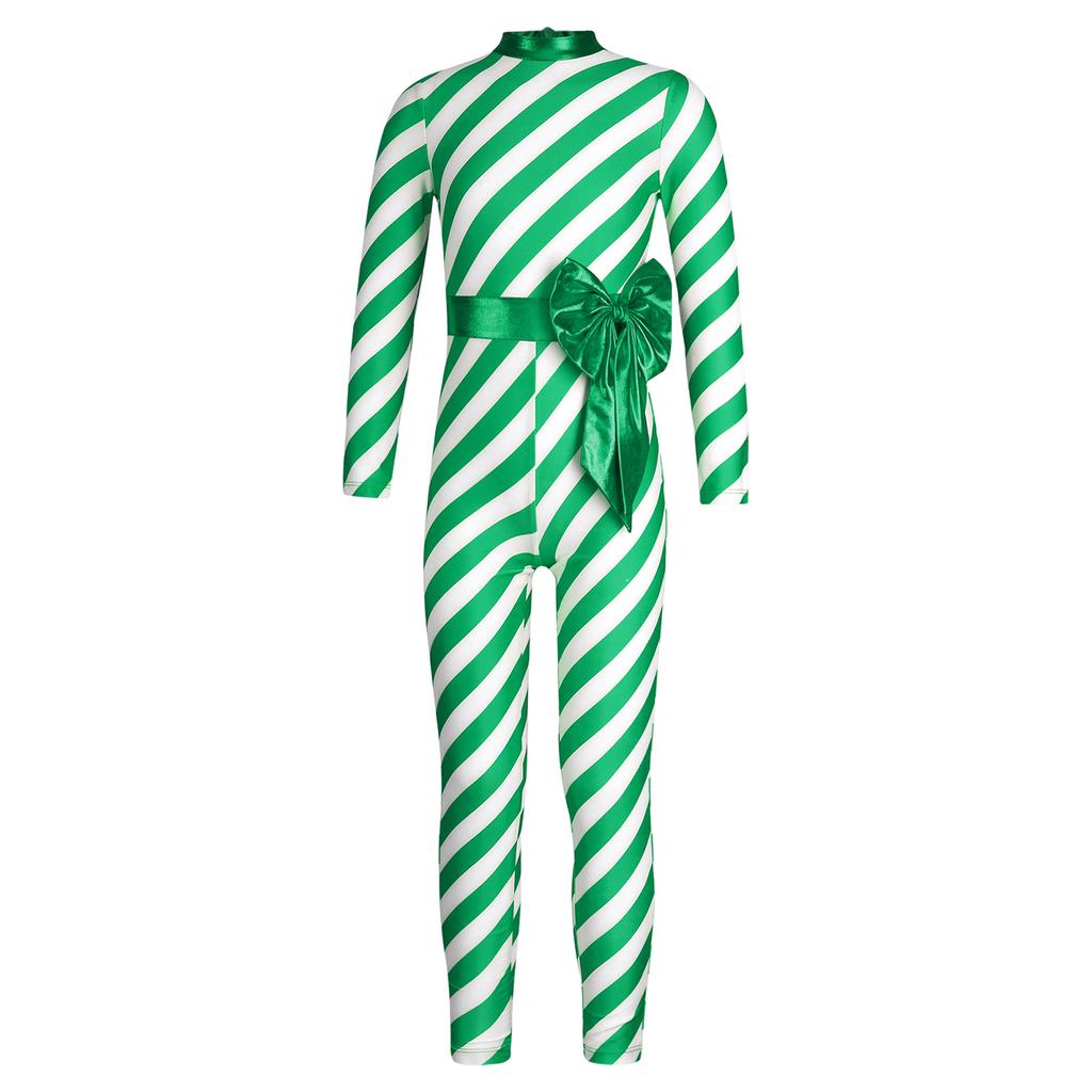 Girls Candy Cane Costume Striped Design Long Sleeve Bow Knot Bodysuit Dance Jumpsuit Christmas Party Outfit