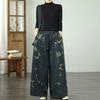 Plus Size Vintage Floral High Waist Casual Loose Women Spring Autumn Jeans Denim Wide Leg Pants