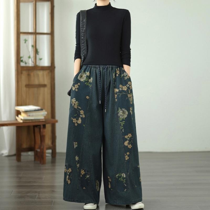 Plus Size Vintage Floral High Waist Casual Loose Women Spring Autumn Jeans Denim Wide Leg Pants