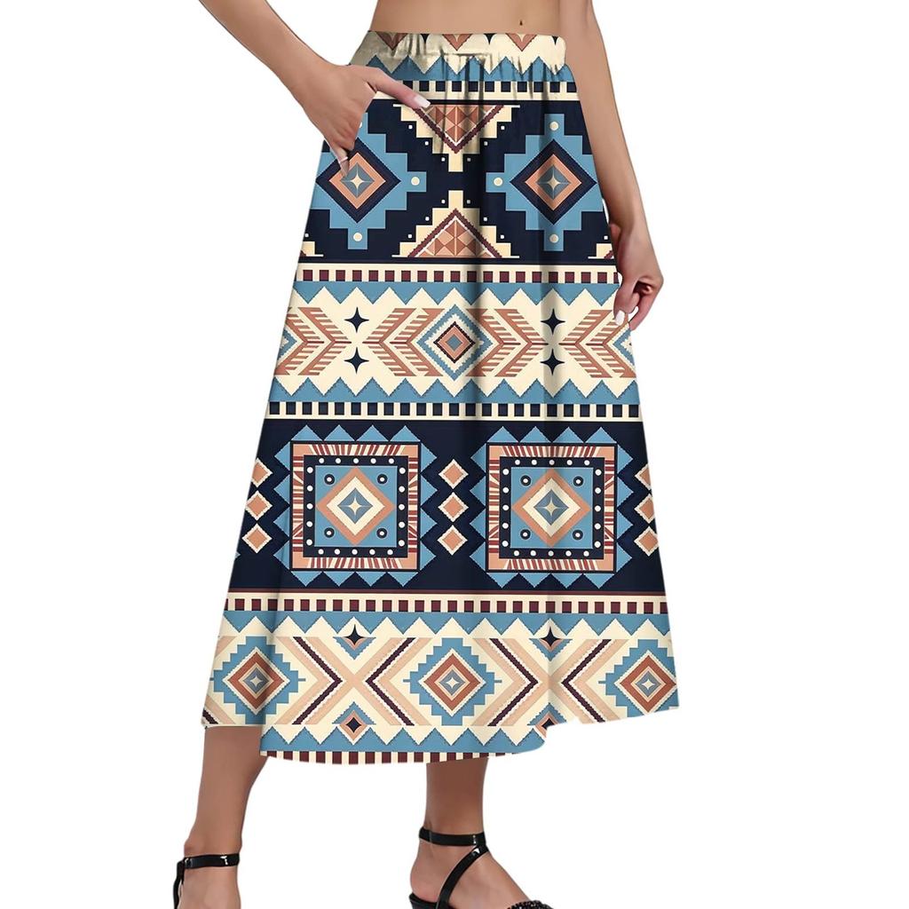 Ladies Casual Fashion Printed Skirt Elasticated Loose Pocket Pleated Half-body Skirt (With Side Pocket)