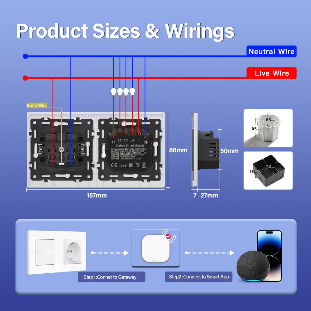 BSEED ZigBee Выключатели Настенные Умные Щелчковые Выключатели Света Желтая Подсветка Стеклянная Рамка Приложение Tuya Выключатель EU Настенные Розетки с USB