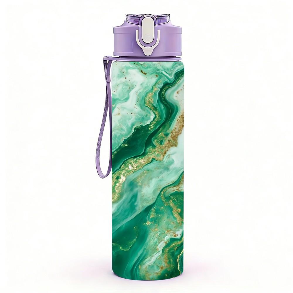1PC Green Marble Swirl Agate Texture Background 750ml Color Plastic Sports Water Bottle Leakproof Flip Straw Lid Suitable for Sports Office Home Use