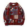 Unisex Winter Sweater Plaid Printing Retro Style Round Neck Long Sleeves Multi Patterns Couple Knitted Sweater for Home School Commuting