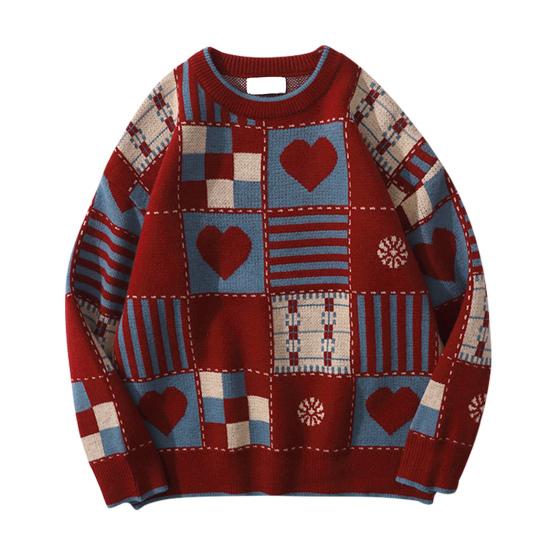 Unisex Winter Sweater Plaid Printing Retro Style Round Neck Long Sleeves Multi Patterns Couple Knitted Sweater for Home School Commuting