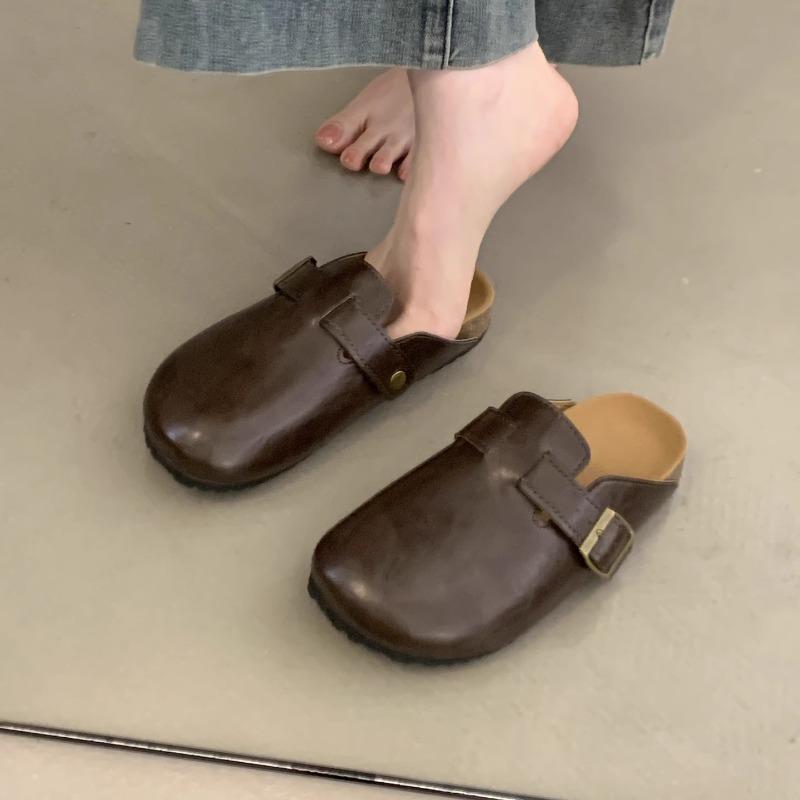 Autumn New Baotou Slippers Women's Fashion Round Toe Deep Mouth Metal Buckle Soft Sole Non-slip Flat Shoes