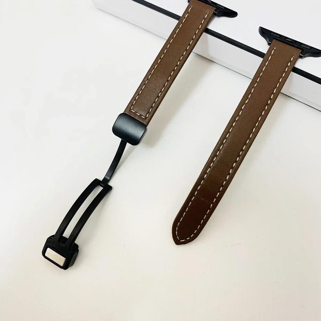 Magnetic Buckle Strap For Apple Watch 10 42/46mm SE 44 40mm 9 8 7 41 45mm Folding Slim Leather Bracelet iWatch Series 10 8 7 6 5