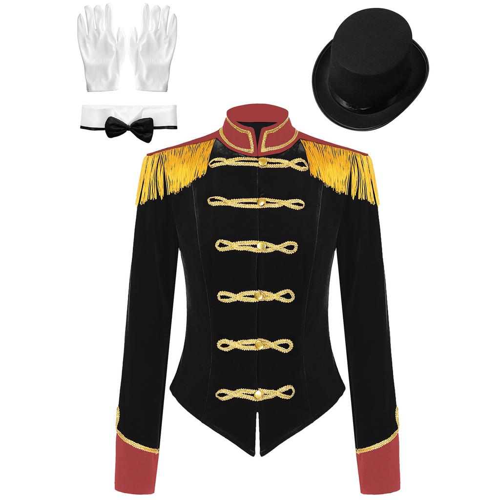 Womens Circus Ringmaster Outfit Fringed Jacket Hat Gloves Set for Halloween Performances