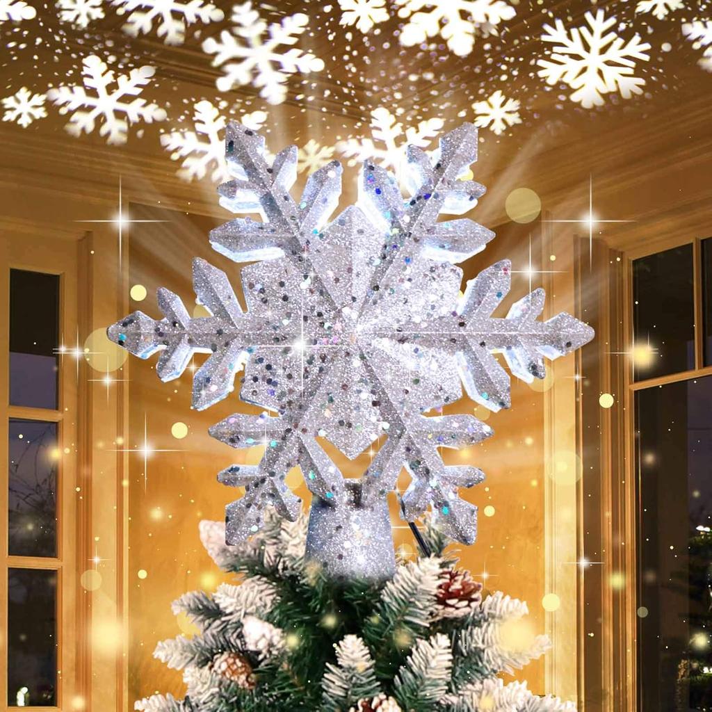 LED Christmas Tree Topper with Rotating Snowflake, Silver Snow Projector Night Light, for Indoor Outdoor Xmas Decor