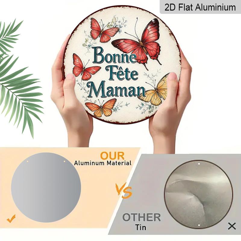 2D Flat, 1pc 7.87x7.87 Inch Round French Aluminum Sign, "Happy Mother's Day" Vintage Decorative Plaque, Butterfly Theme, Suitable for Decorating