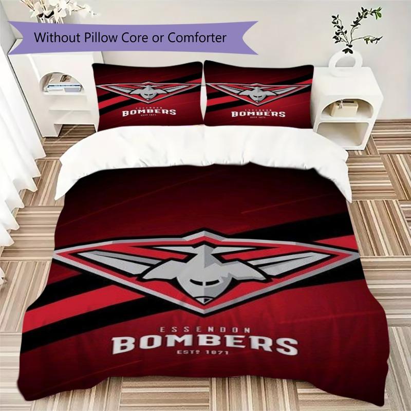 Essendon Football Club Red Black Diagonal Stripe Bomber Logo Bedding Set Aussie Rules Football Duvet Cover Set Sports Fan Bedroom Home Decor Bedding