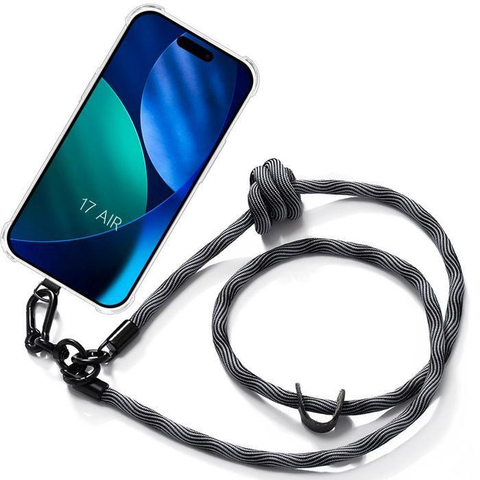 Coque pour iPhone Air, Protection Antichoc Transparente - Bandoulière Grise Détachable