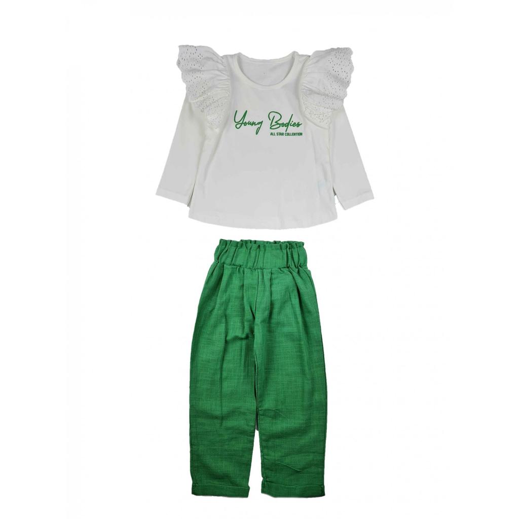 Льняной брючный костюм для девочек с кружевными рукавами для молодых людей