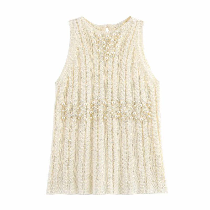 Kaslead New Women Clothes Western Style Artificial Pearl Inlaid Round Neck Loose Knit Top 2142194