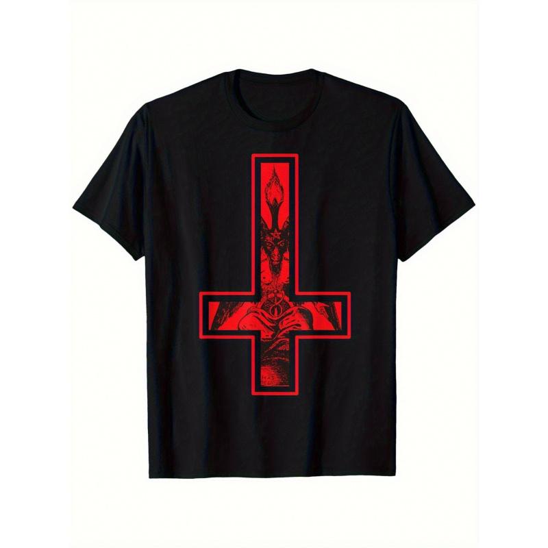 Men'S Baphomet Inverted Cross T-Shirt - Edgy Satanic Symbol Graphic Tee, Breathable & Comfortable Casual Wear, Black with Red Cross Design, Perfect