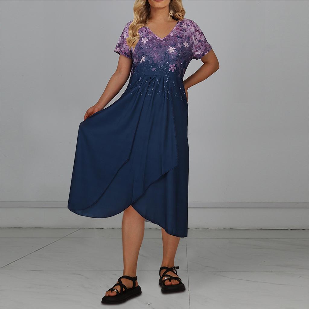 Женское повседневное большое длинное платье с v-образным вырезом и молнией с короткими рукавами и вставками с принтом