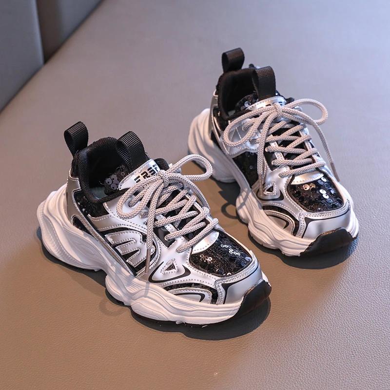 Детские баскетбольные кроссовки, массивные детские кроссовки для девочек, весна-осень, модные кроссовки с блестками, повседневные, школьные, универсальные, для бега
