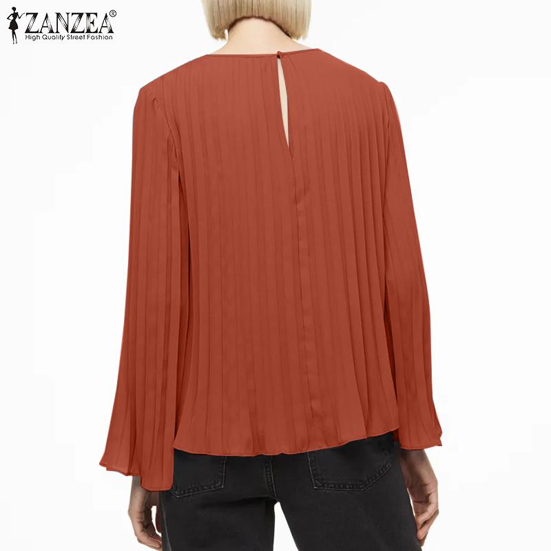ZANZEA Женская повседневная блузка с круглым вырезом и длинным рукавом в складку