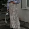 Women Maxi Skirt Elastic High Waist Shiny Sequins Long Skirt Street Style Loose Fit Skirt Night Club Stage Show Skirt