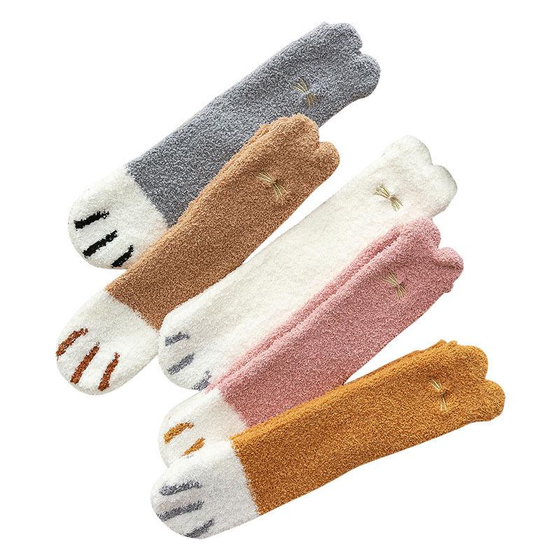 2 пары/лот флисовые тапочки коралловые осенне-зимние носки милые женские носки с принтом кошачьих лапок и животных