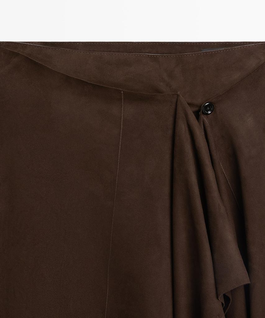 Masimodutti Suede Leather Ruffle Detail Midi Skirt