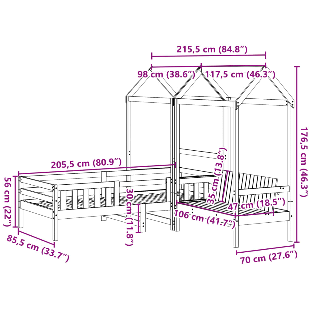 Solid Wood Bed and Bench with Roof White 80x200 cm Pine Wood