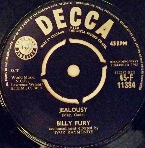 7inch Record BILLY FURY - Jealousy 45F11384 Decca 1961 UK Pop Used