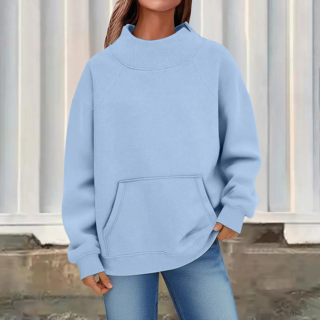 Women's Fashion Oversized Fleece-Lined Long-Sleeve High-Neck Pullover Solid Color Sweatshirt