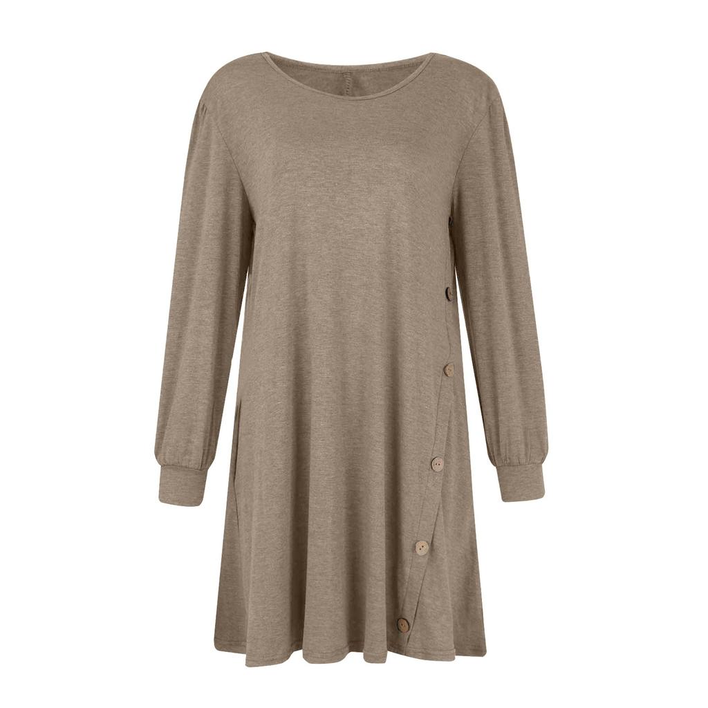 Модное женское повседневное свободное платье с круглым вырезом и пуговицами с длинным рукавом