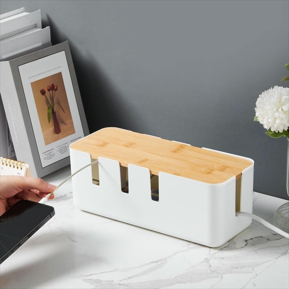 Storage Bin Household Cable Management Box with Wooden Lid Power Cord Case Power Wire Case Charger