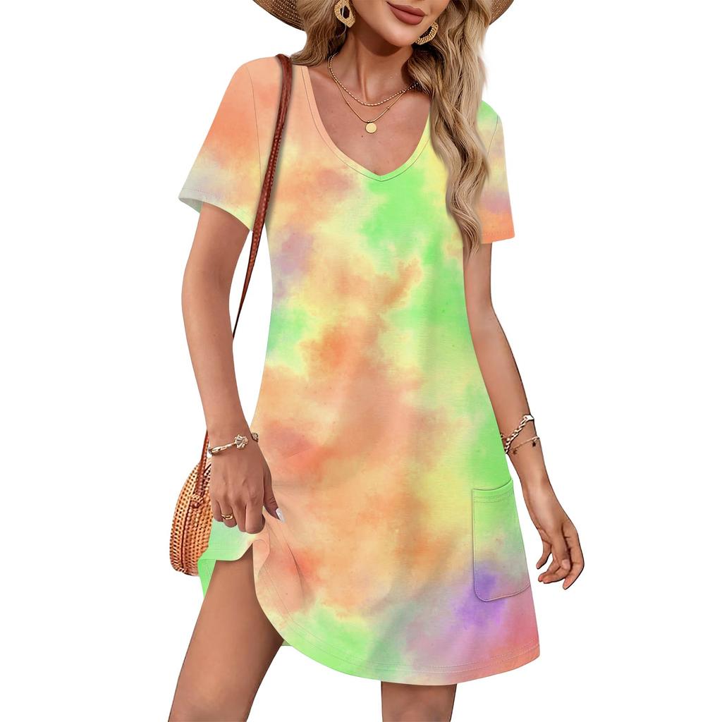 Summer Dresses For Women Loose V Neck Short Sleeve Casual T Shirt Dress Sundresses Swimsuit Coverup With Pockets