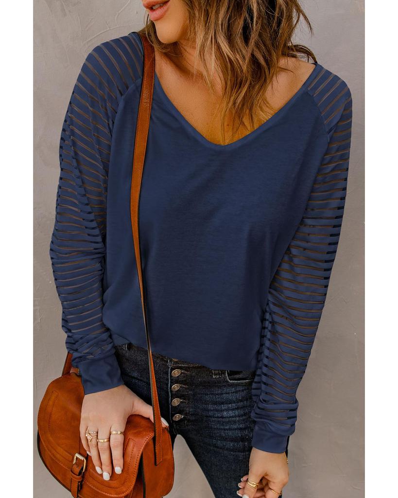 Azura Exchange Blue Sheer Stripe V-Neck Top