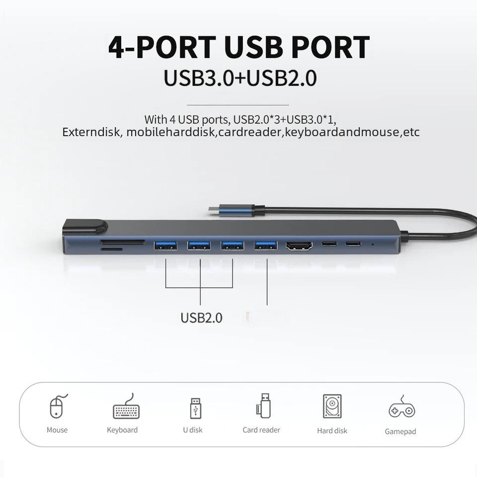 Многофункциональный адаптер 10-в-1 USB-C - HDTV с Ethernet 100M и USB-концентратором для мобильных устройств, ПК, игровых приставок