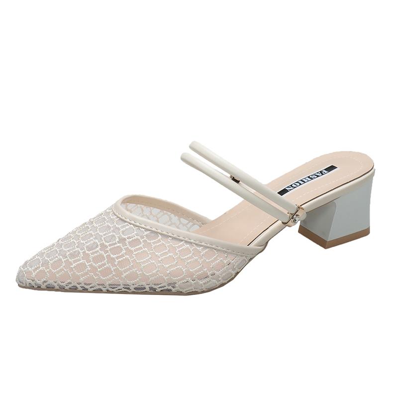 Модные сандалии 2024 года для женщин, большие размеры, средний каблук, сетчатые дышащие тапочки, сексуальные, с острым носком, универсальная верхняя одежда, однотонная обувь