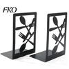 Cutlery Bookends 1 Pair Kitchen Metal Decorative Bookend for Shelves, Heavy Duty Non-Skid Book Cooking Theme Holder Stand, Black Support Stopper