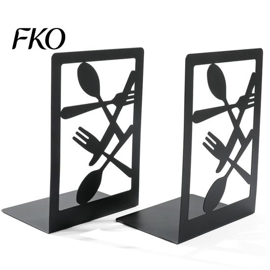 Cutlery Bookends 1 Pair Kitchen Metal Decorative Bookend for Shelves, Heavy Duty Non-Skid Book Cooking Theme Holder Stand, Black Support Stopper