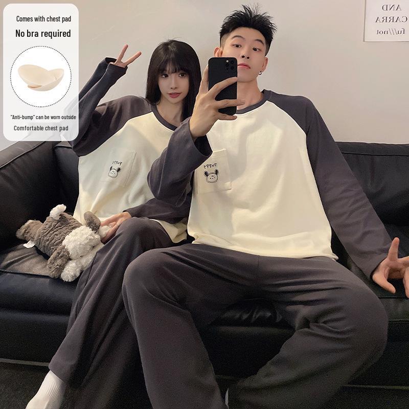 «Женский и мужской пижамный комплект с нагрудными накладками и рисунком – домашняя одежда с длинными рукавами в корейском стиле для осени и зимы»