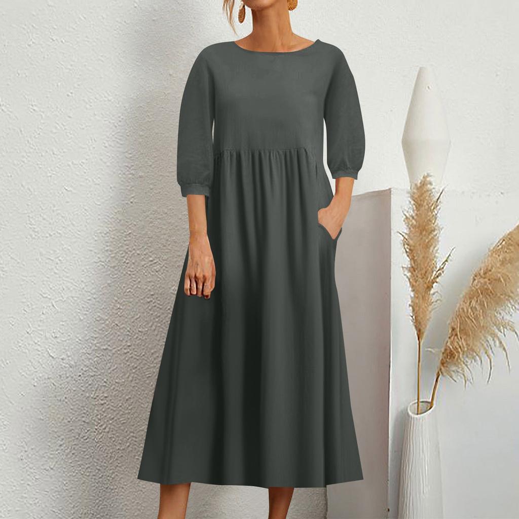 Женское модное однотонное свободное хлопково-льняное длинное платье с карманами и средними рукавами